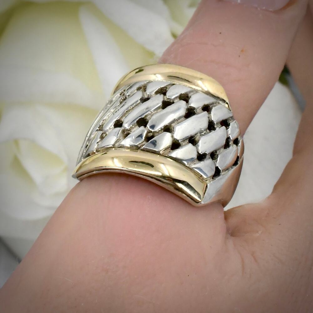 A&R Signed 14K Yellow Gold 925 Sterling Silver Woven Mesh Ring Size 9.5 10.5g